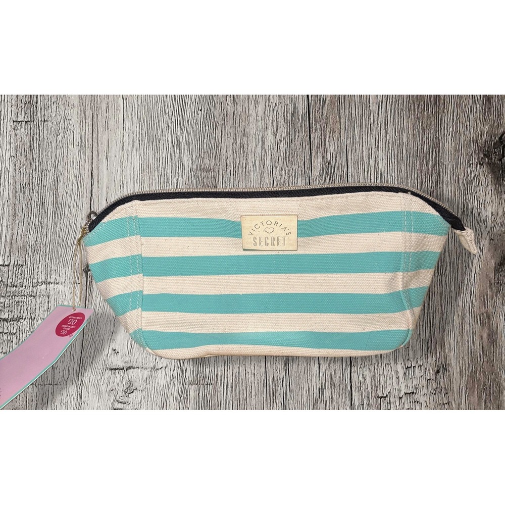 Victoria's Secret Cosmetic Bag Striped Canvas In Cream And Turquoise NWT